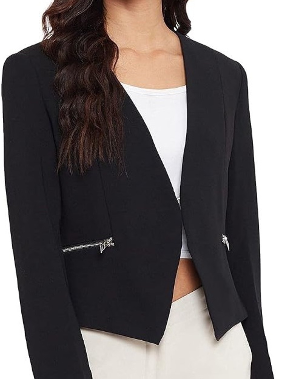Ovi Black Open-Front Women's Blazer with Zip Pockets